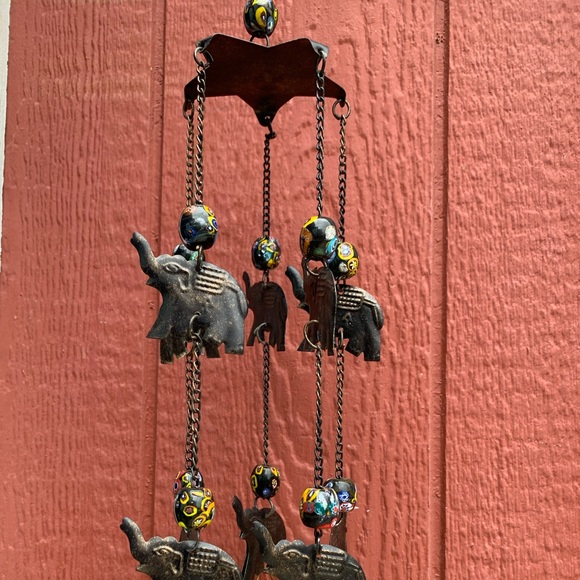 Elephant Boho Wind Chime Mobile w/ Millefiori Porcelain Beads Recycled Cow Bells - Picture 9 of 13